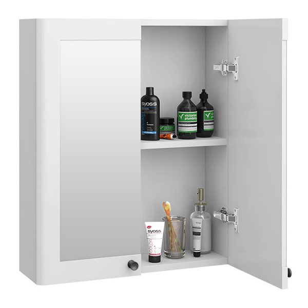 Roxbury Traditional 600mm Satin White Mirror Cabinet with Matt Black Handles - Image 2