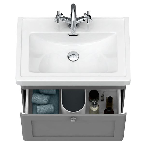 Roxbury Traditional 600mm Satin Grey Vanity Unit   Wall Hung Single Drawer Unit with Chrome Handle - Image 2