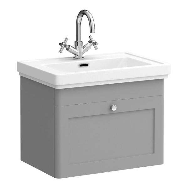 Roxbury Traditional 600mm Satin Grey Vanity Unit   Wall Hung Single Drawer Unit with Chrome Handle
