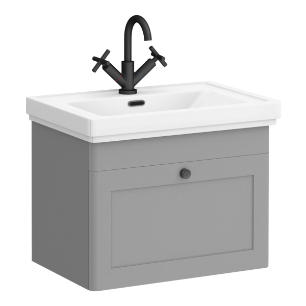 Roxbury Traditional 600mm Satin Grey Vanity Unit   Wall Hung Single Drawer Unit with Matt Black Handle