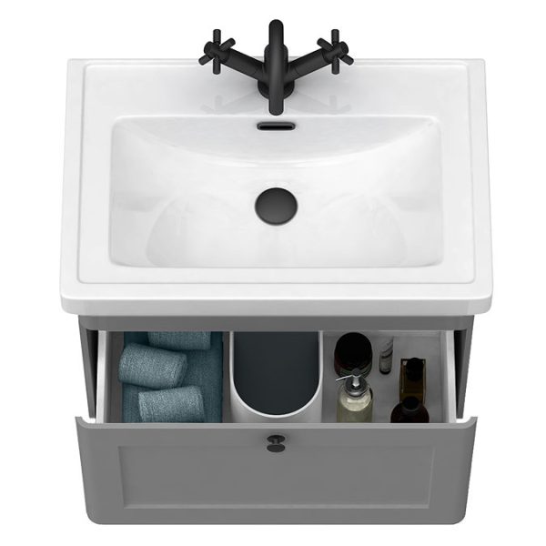 Roxbury Traditional 600mm Satin Grey Vanity Unit   Wall Hung Single Drawer Unit with Matt Black Handle - Image 2
