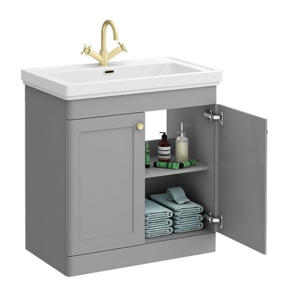 Roxbury Traditional 800mm Satin Grey Vanity Unit   Floor Standing 2 Door Unit with Brushed Brass Handles - Image 2