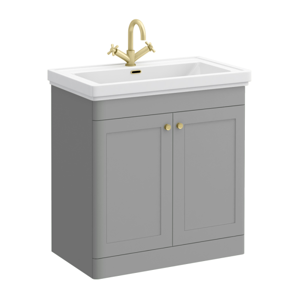 Roxbury Traditional 800mm Satin Grey Vanity Unit   Floor Standing 2 Door Unit with Brushed Brass Handles
