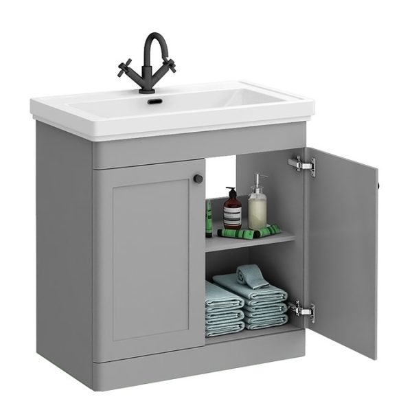 Roxbury Traditional 800mm Satin Grey Vanity Unit   Floor Standing 2 Door Unit with Matt Black Handles - Image 2