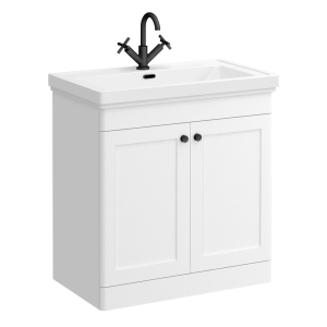 Roxbury Traditional 800mm Satin White Vanity Unit   Floor Standing 2 Door Unit with Matt Black Handles