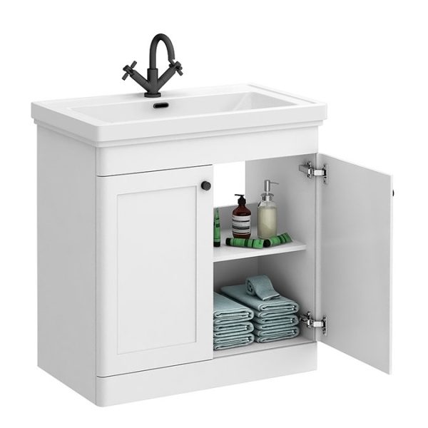Roxbury Traditional 800mm Satin White Vanity Unit   Floor Standing 2 Door Unit with Matt Black Handles - Image 2