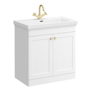 Roxbury Traditional 800mm Satin White Vanity Unit   Floor Standing 2 Door Unit with Brushed Brass Handles