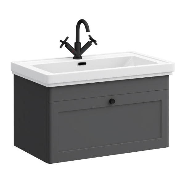 Roxbury Traditional 800mm Satin Anthracite Vanity Unit   Wall Hung Single Drawer Unit with Matt Black Handle