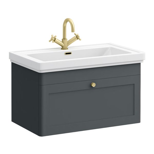 Roxbury Traditional 800mm Satin Anthracite Vanity Unit   Wall Hung Single Drawer Unit with Brushed Brass Handle - Image 2