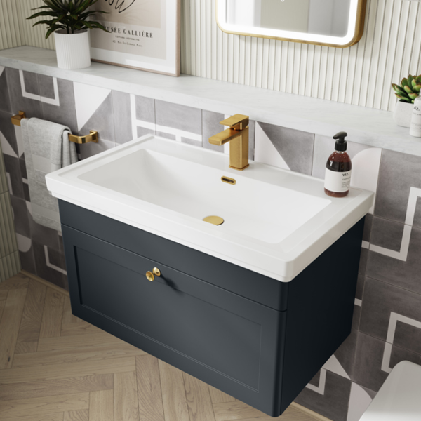 Roxbury Traditional 800mm Satin Anthracite Vanity Unit   Wall Hung Single Drawer Unit with Brushed Brass Handle