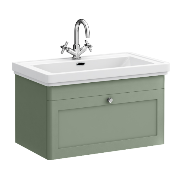 Roxbury Traditional 800mm Satin Green Vanity Unit   Wall Hung Single Drawer Unit with Chrome Handle