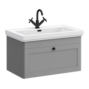 Roxbury Traditional 800mm Satin Grey Vanity Unit   Wall Hung Single Drawer Unit with Matt Black Handle