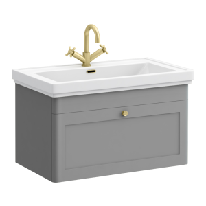 Roxbury Traditional 800mm Satin Grey Vanity Unit   Wall Hung Single Drawer Unit with Brushed Brass Handle