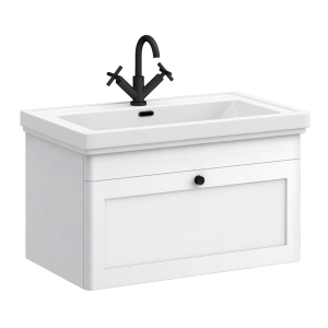 Roxbury Traditional 800mm Satin White Vanity Unit   Wall Hung Single Drawer Unit with Matt Black Handle