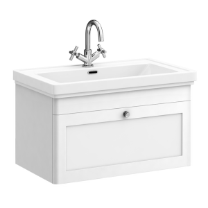Roxbury Traditional 800mm Satin White Vanity Unit   Wall Hung Single Drawer Unit with Chrome Handle