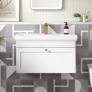 Roxbury Traditional 800mm Satin White Vanity Unit   Wall Hung Single Drawer Unit with Brushed Brass Handle