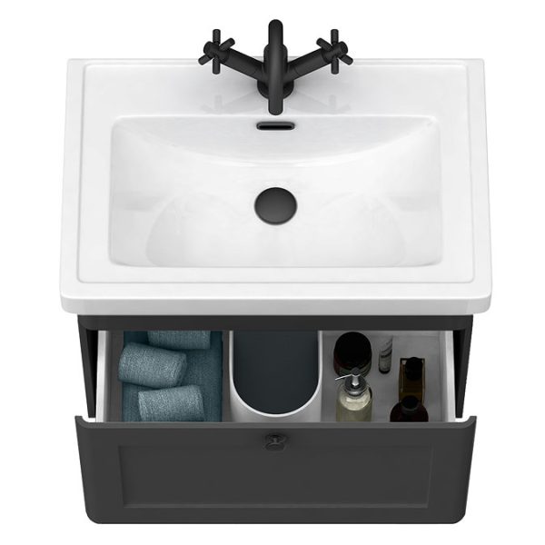 Roxbury Traditional 600mm Satin Anthracite Vanity Unit   Wall Hung Single Drawer Unit with Matt Black Handle - Image 2