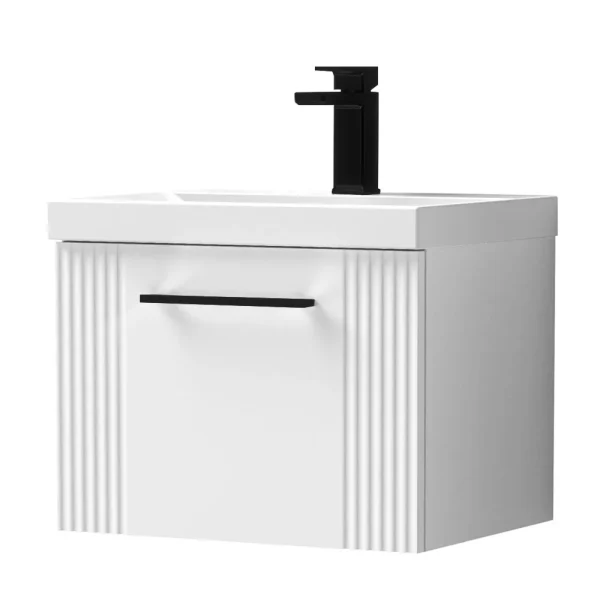 Roxbury Deco Fluted 500mm White Vanity Unit   Wall Hung Single Drawer Unit with Matt Black Handle