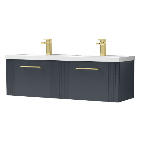 Roxbury Deco Fluted 1200mm Anthracite Grey Double Basin Vanity Unit   2 Drawer Unit with Brushed Brass Handles