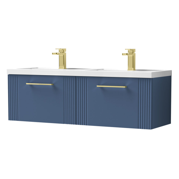 Roxbury Deco Fluted 1200mm Blue Double Basin Vanity Unit   2 Drawer Unit with Brushed Brass Handles