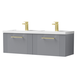 Roxbury Deco Fluted 1200mm Grey Double Basin Vanity Unit   Wall Hung 2 Drawer Unit with Brushed Brass Handles
