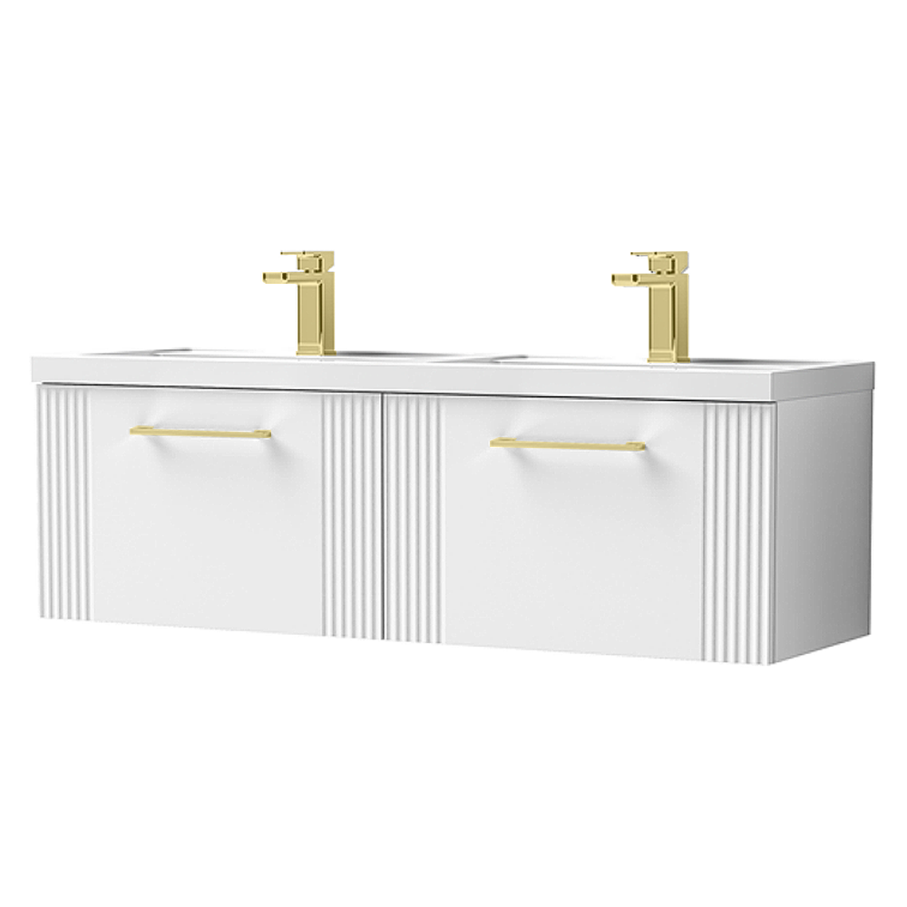 Roxbury Deco Fluted 1200mm White Double Basin Vanity Unit 2 Drawer Unit with Brushed Brass Handles