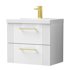 Roxbury Deco Fluted 600mm White Vanity Unit   Wall Hung 2 Drawer Unit with Brushed Brass Handles