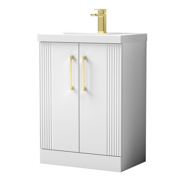 Roxbury Deco Fluted 600mm White Vanity Unit   Floor Standing 2 Door Unit with Brushed Brass Handles