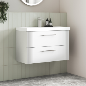 Roxbury Deco Fluted 800mm White Vanity Unit   Wall Hung 2 Drawer Unit & Chrome Handles