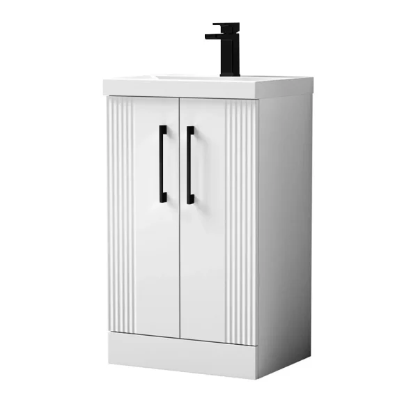 Roxbury Deco Fluted 500mm White Vanity Unit   Floor Standing 2 Door Unit with Matt Black Handles