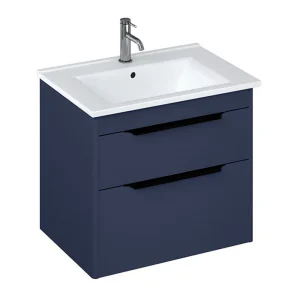 Britton Shoreditch 650mm Wall Hung Double Drawer Vanity Unit with Black Handles   Matt Blue