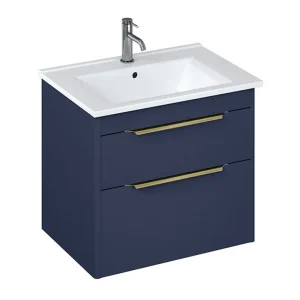 Britton Shoreditch 650mm Wall Hung Double Drawer Vanity Unit with Brass Handles   Matt Blue