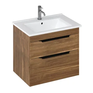 Britton Shoreditch 650mm Wall Hung Double Drawer Vanity Unit with Black Handles   Caramel