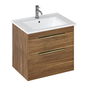 Britton Shoreditch 650mm Wall Hung Double Drawer Vanity Unit with Brass Handles   Caramel