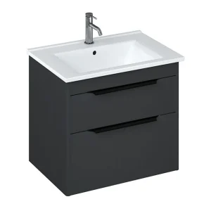 Britton Shoreditch 650mm Wall Hung Double Drawer Vanity Unit with Black Handles   Matt Grey
