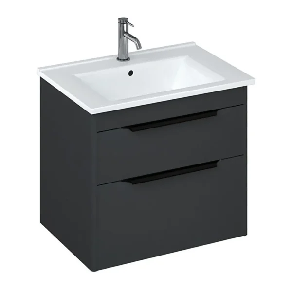 Britton Shoreditch 650mm Wall Hung Double Drawer Vanity Unit with Black Handles   Matt Grey