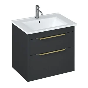 Britton Shoreditch 650mm Wall Hung Double Drawer Vanity Unit with Brass Handles   Matt Grey