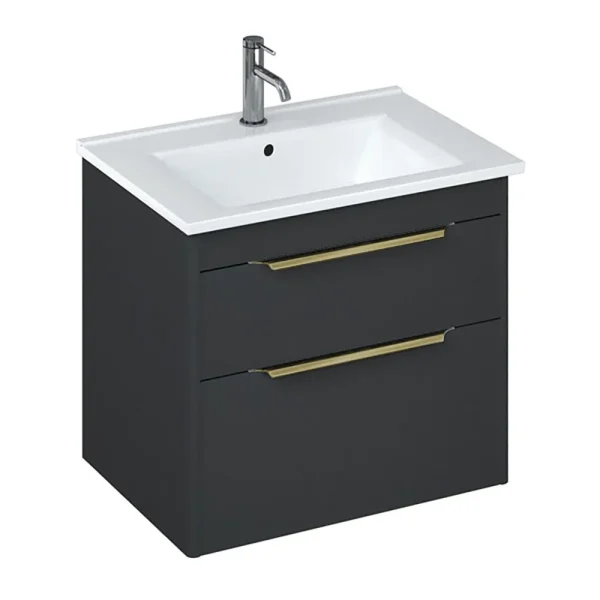 Britton Shoreditch 650mm Wall Hung Double Drawer Vanity Unit with Brass Handles   Matt Grey