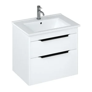 Britton Shoreditch 650mm Wall Hung Double Drawer Vanity Unit with Black Handles   Matt White