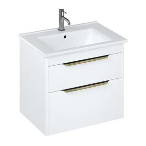 Britton Shoreditch 650mm Wall Hung Double Drawer Vanity Unit with Brass Handles   Matt White