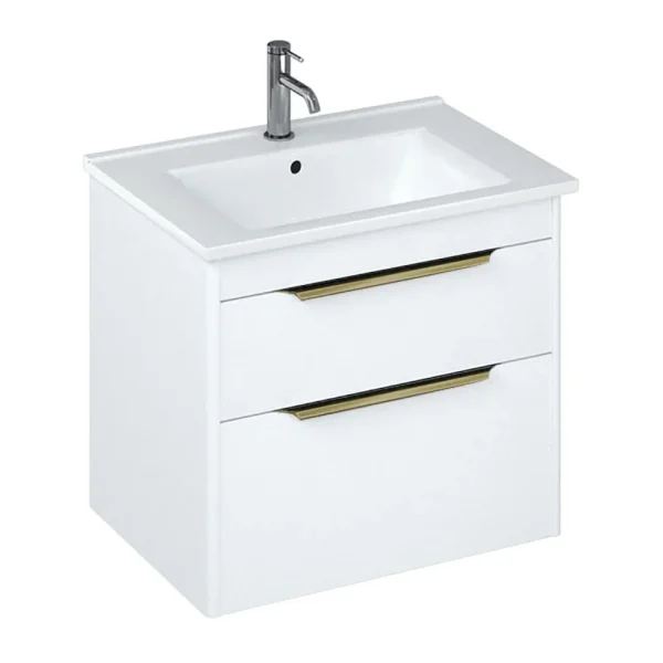 Britton Shoreditch 650mm Wall Hung Double Drawer Vanity Unit with Brass Handles   Matt White