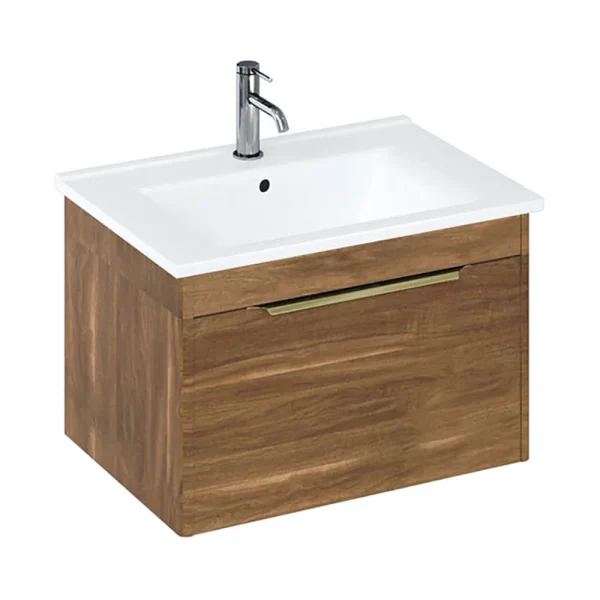 Britton Shoreditch 650mm Wall Hung Single Drawer Vanity Unit with Brass Handle   Caramel