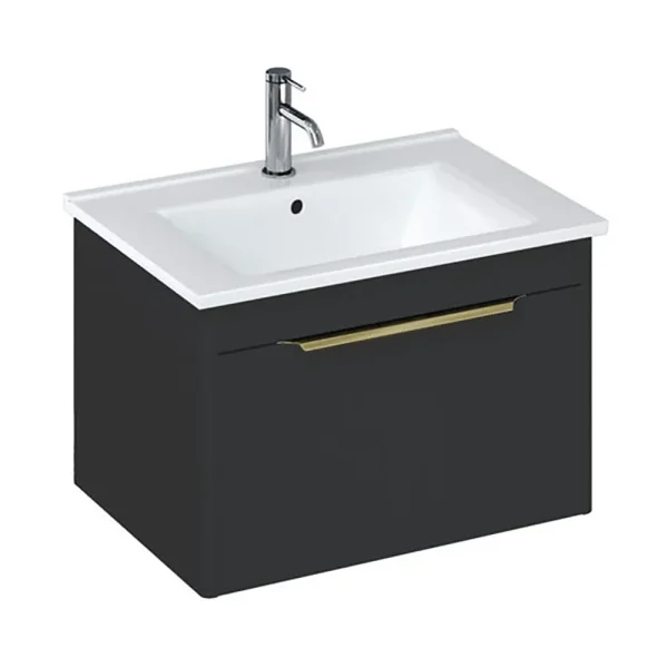 Britton Shoreditch 650mm Wall Hung Single Drawer Vanity Unit with Brass Handle   Matt Grey