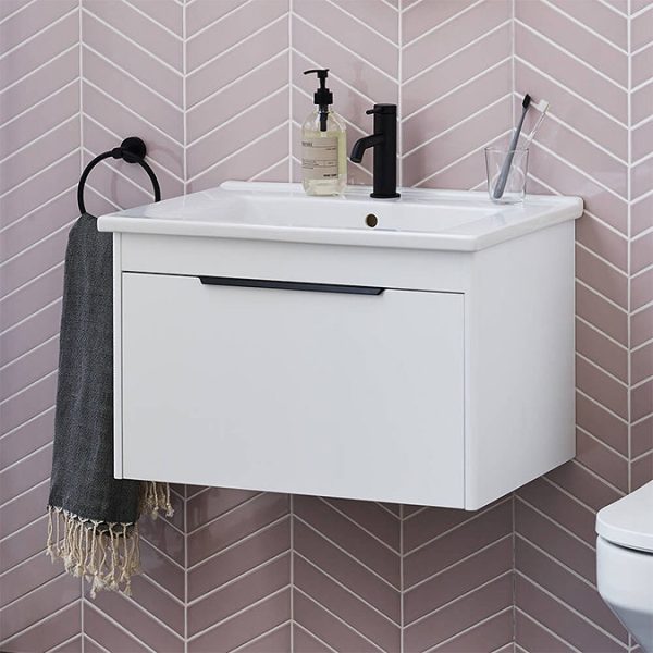 Britton Shoreditch 650mm Wall Hung Single Drawer Vanity Unit with Black Handle   Matt White - Image 4