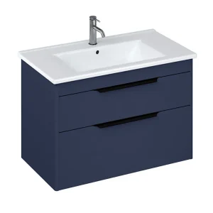 Britton Shoreditch 850mm Wall Hung Double Drawer Vanity Unit with Black Handles   Matt Blue