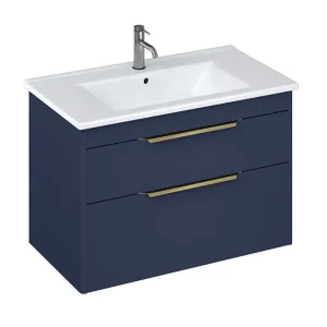 Britton Shoreditch 850mm Wall Hung Double Drawer Vanity Unit with Brass Handles   Matt Blue