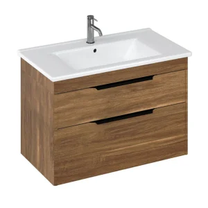 Britton Shoreditch 850mm Wall Hung Double Drawer Vanity Unit with Black Handles   Caramel