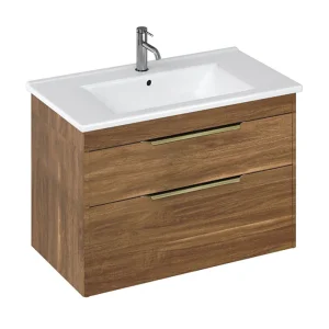 Britton Shoreditch 850mm Wall Hung Double Drawer Vanity Unit with Brass Handles   Caramel