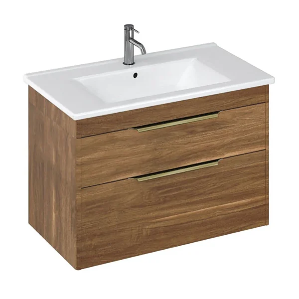 Britton Shoreditch 850mm Wall Hung Double Drawer Vanity Unit with Brass Handles   Caramel