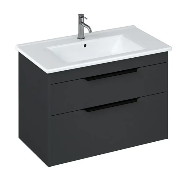Britton Shoreditch 850mm Wall Hung Double Drawer Vanity Unit with Black Handles   Matt Grey